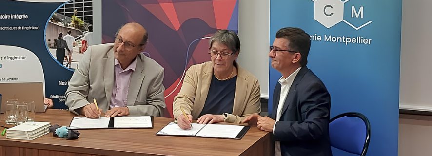 Signatures des conventions entre l'ENSCM (Pascal Dumy, Directeur professeur ), CTC (Françoise Nicolas, Directrice générale) et Polytech (Lionel Torres, Directeur professeur )